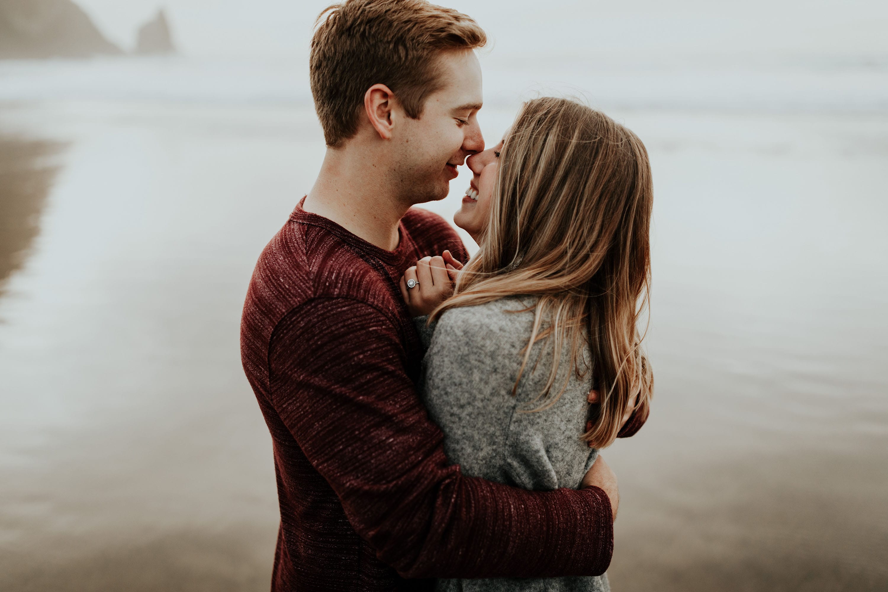 Cute couple hugging on west coast engagement session Canon, Beach, Oregon, Engagement Session, Josh Rexford
